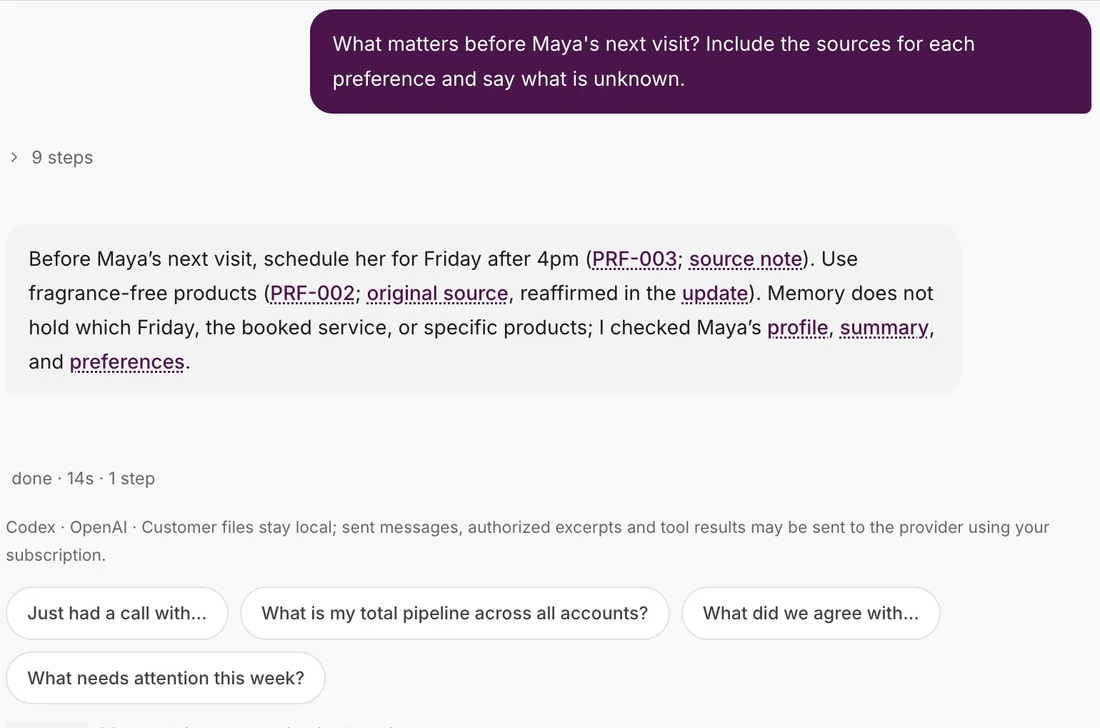 Actual source-linked Maya answer with the current appointment and product preferences.
