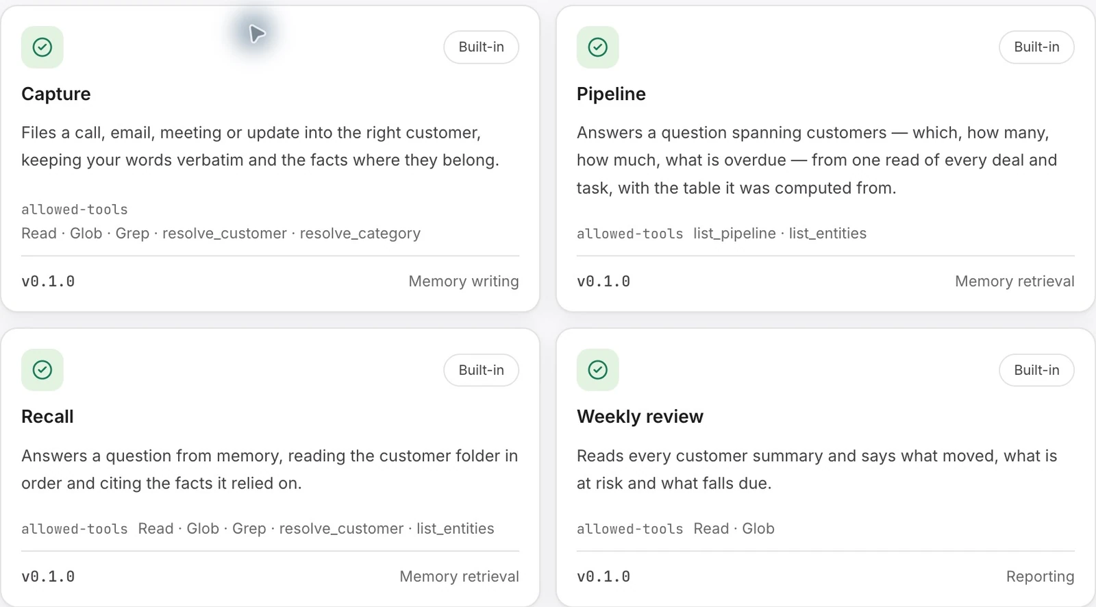 Actual Skills library excerpt showing examples of customer-memory capabilities.